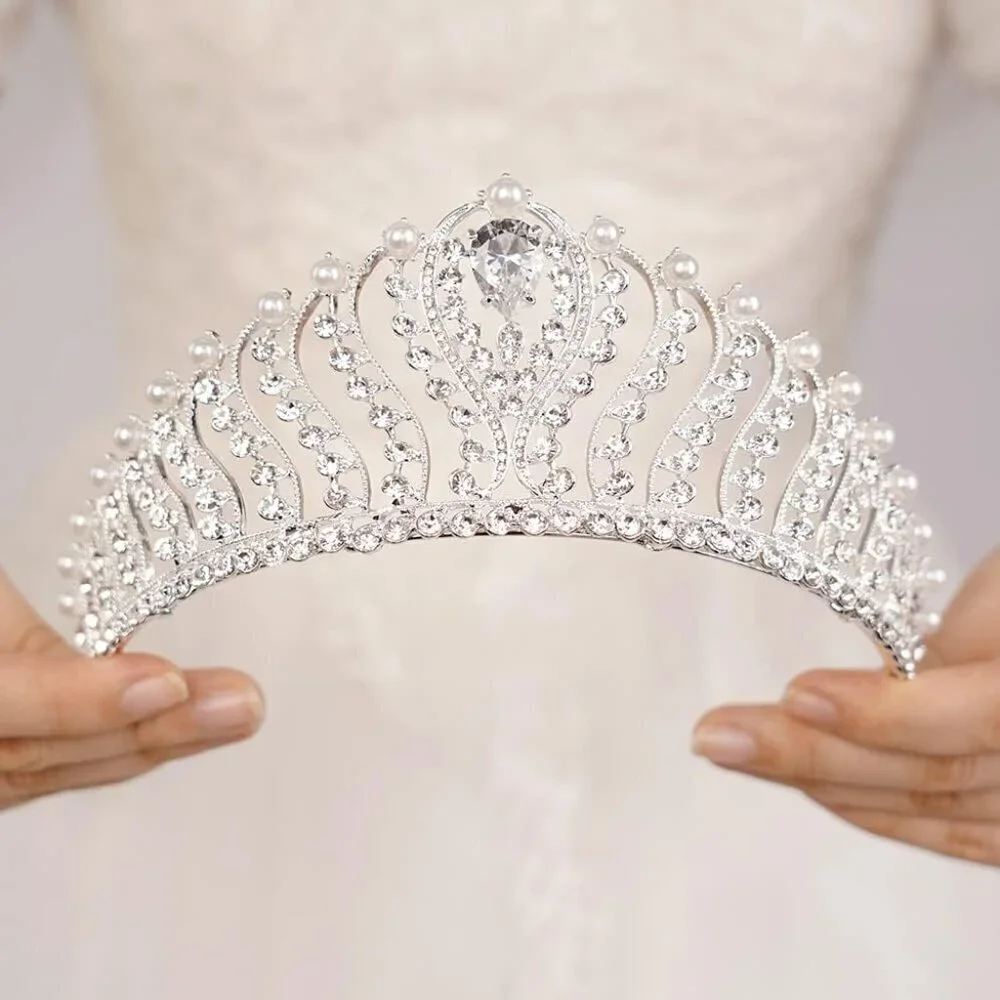 Silver Pearl Crystal Crown Rhinestone Tiara for Women Wedding Parties